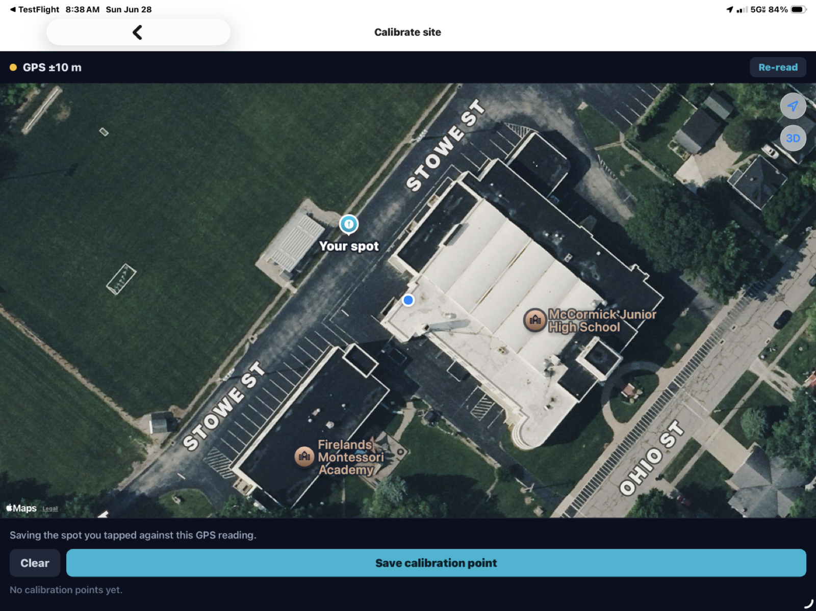 Calibrating the site to a GPS reading on a satellite map