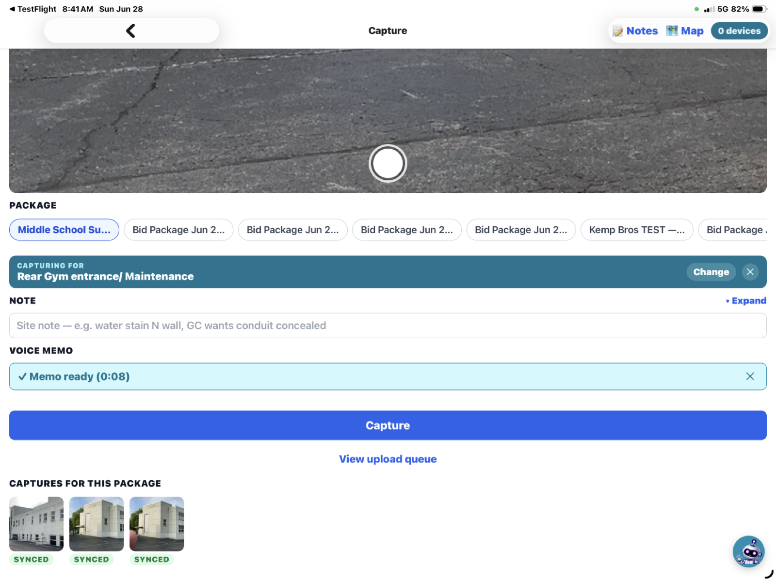 Capturing a device on site with a note and voice memo